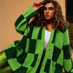 Dressed in Lala - Love You Oversized Checkerboard Cardigan in Green